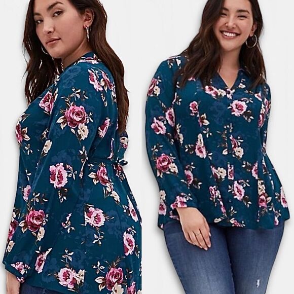 torrid Tops - Torrid Harper Teal Floral Long Sleeve Tie Back Blouse Sz OX 1X XXL